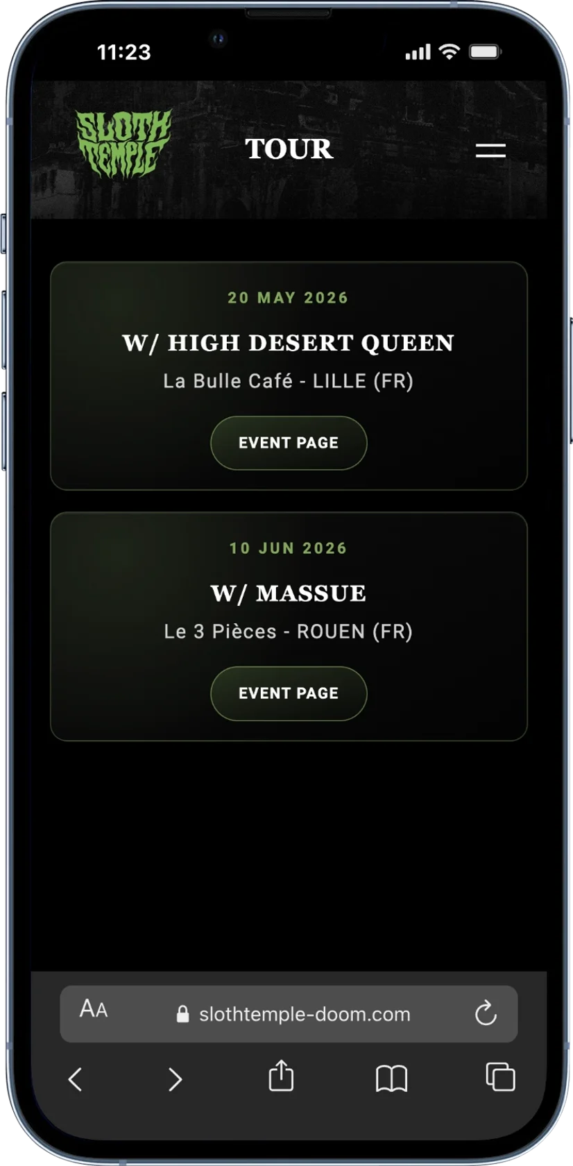 Sloth Temple website on mobile, home view