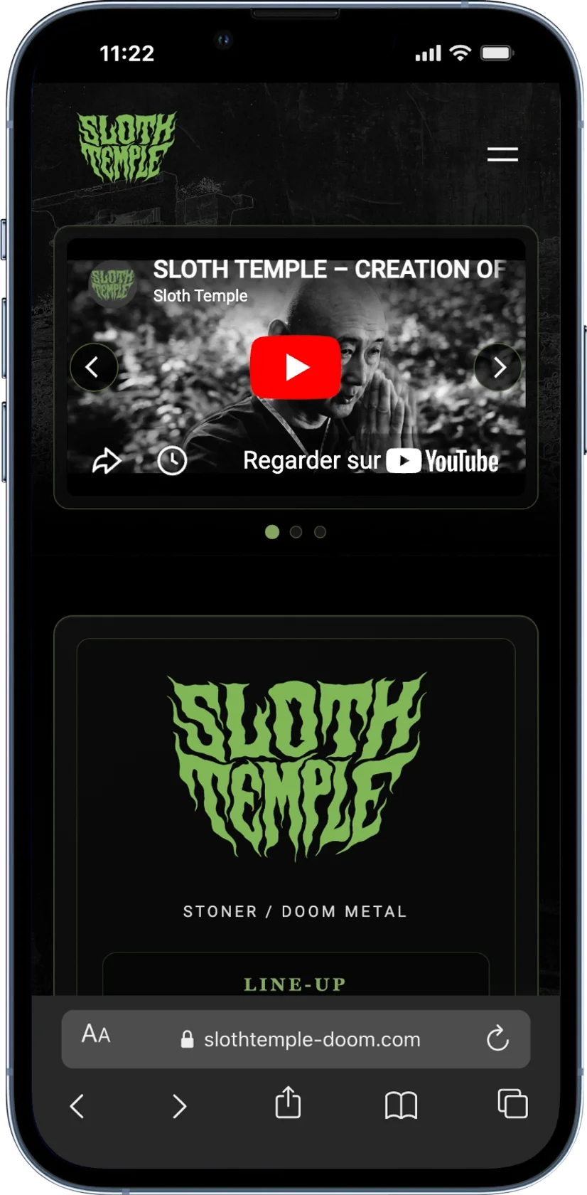 Sloth Temple website on mobile, tour view